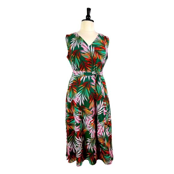 Tahari Maxi Dress V-neck Tie Waist Chiffon Green Tropical Leaf Women’s Size 16 - Picture 1 of 13